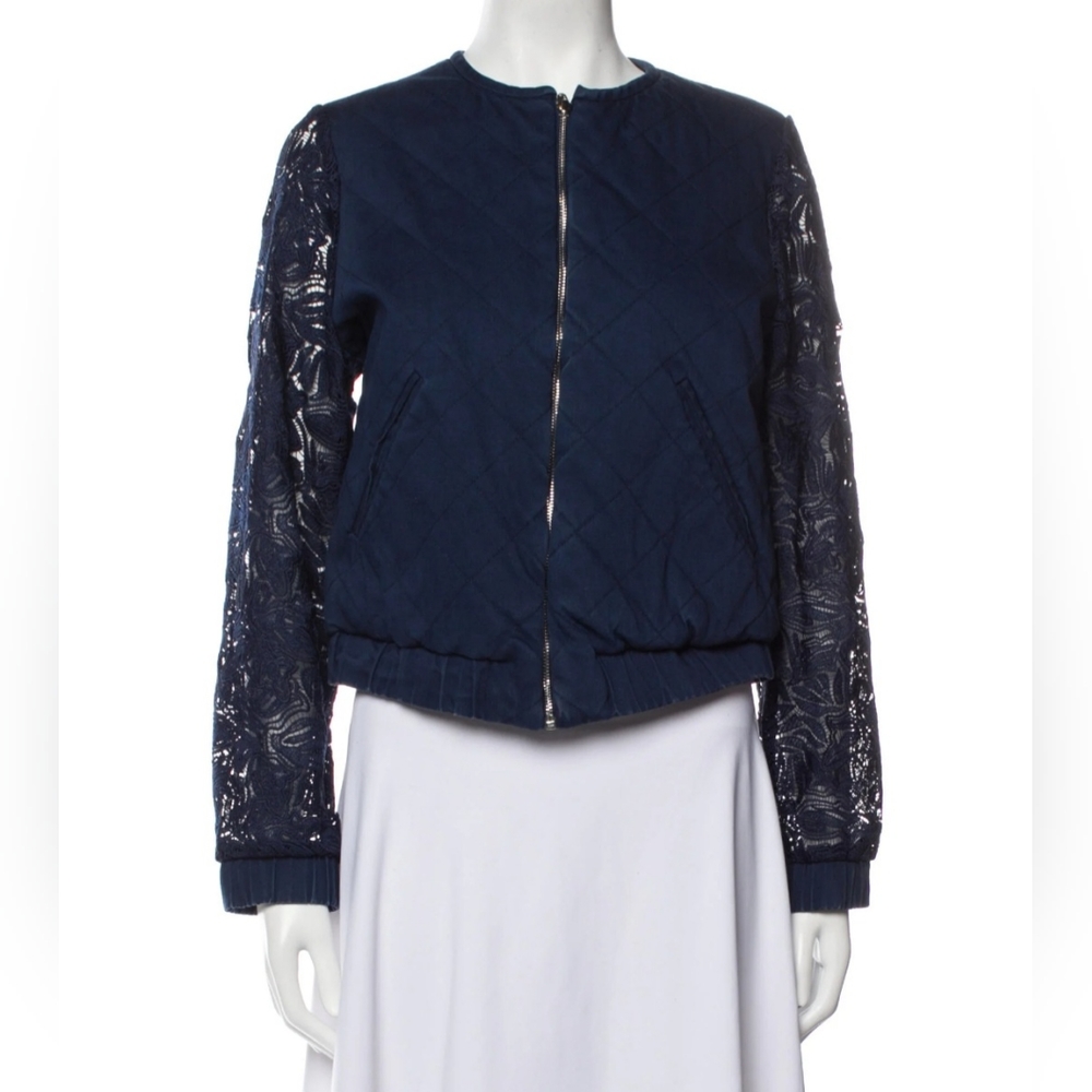 $498 AMUR Teagan Quilted Lace Sleeve Full Zip Bomber Jacket, Medium, Blue